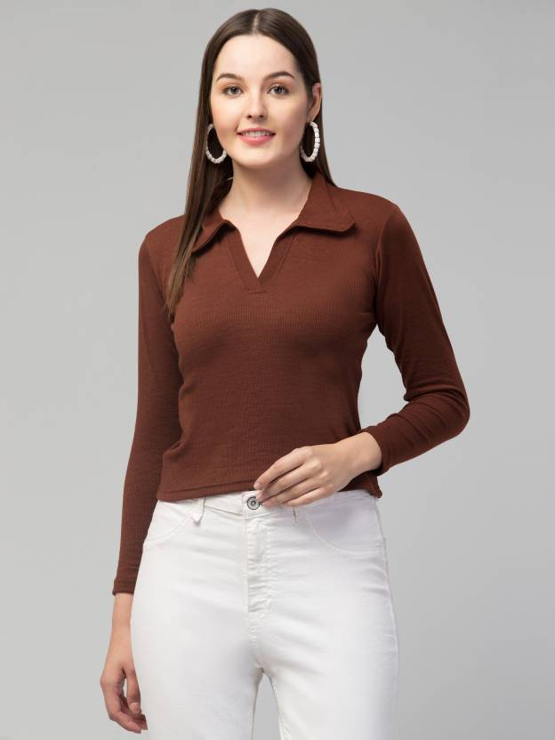 Casual Regular Sleeves Solid Women Brown Top